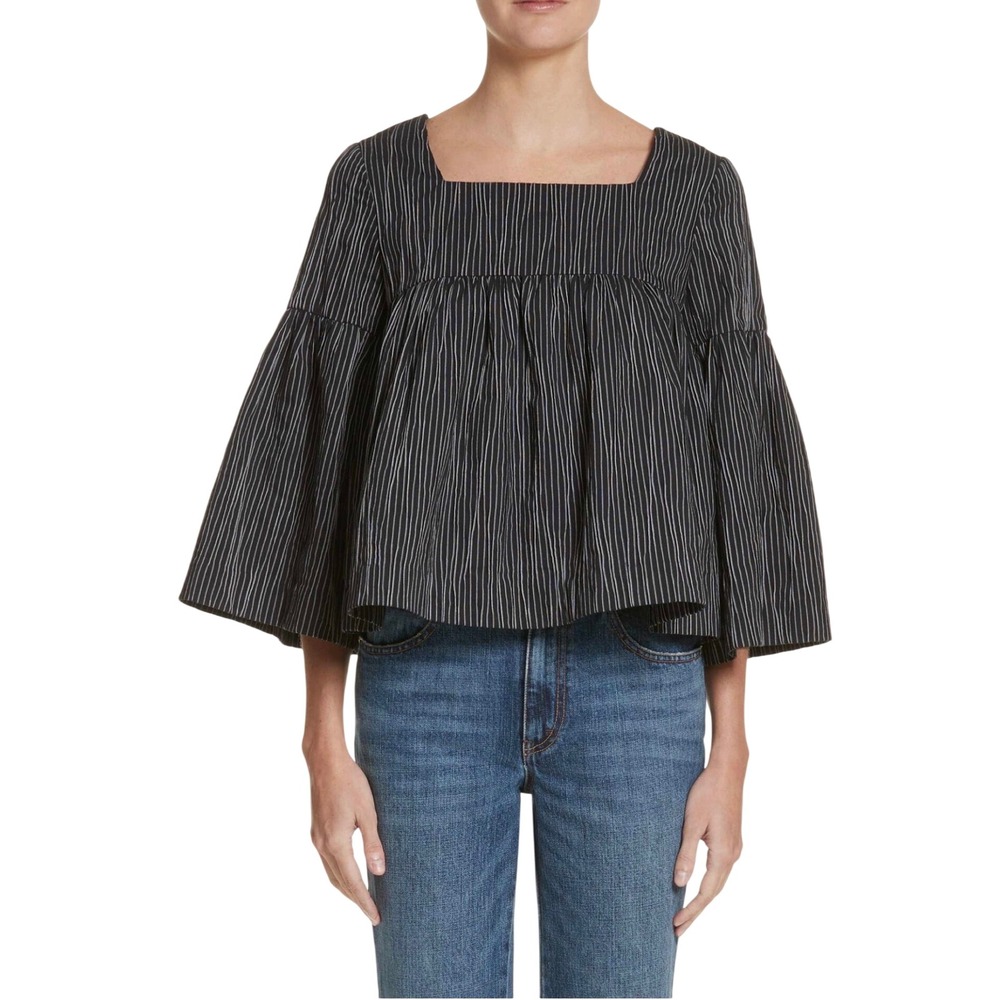Co Black Striped Square Neck Crop Top Bell Sleeve Japanese Fabric SS18 Small